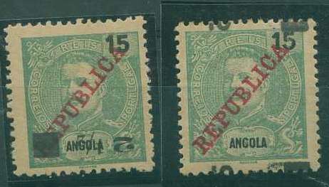 22Lis_1078.jpg -     Lote:    1078            Angola       Descrição:         1912 &mdash; D. Carlos I Mouchon, com sobretaxa. Lote de dois selos: um de 2 &frac12; s/ 15 reis verde, papel amarelado, com a sobretaxa invertida e outro de 10 s/15 reis verde, papel amarelo com a sobretaxa deslocada.        **       Valor Base:     &euro; 6,00     Valor Venda:     &euro; 12,00     