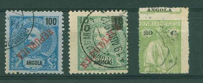 22Lis_1079.jpg -     Lote:    1079            Angola       Descrição:         1912/14 &mdash; D. Carlos I com sobrecarga República e sobretaxa + D. Carlos I com sobrecarga República local + Ceres. Lote de 3 selos: um de 10 s/ 15 reis verde, com dupla sobretaxa CE115, outro tipo Ceres de 20 ctvs CE153, com o denteado deslocado e outro de 100 reis com a sobrecarga República invertida CE162.        O       Valor Base:     &euro; 15,00     Valor Venda:     &euro; 15,00     