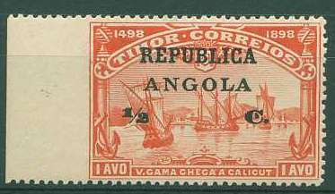 22Lis_1081.jpg -     Lote:    1081            Angola       Descrição:         1913 &mdash; 4.º Centenário do Caminho Marítimo para a Índia com sobrecarga República e sobretaxa, sobre selos de Timor. CE135, &frac12; c s/ 1 avo vermelho, não denteado no bordo esquerdo. B e R.        **       Valor Base:     &euro; 10,00     Valor Venda:     &euro; 16,00     