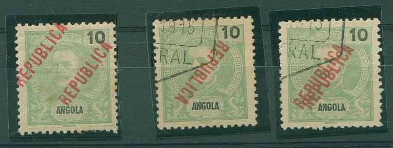 22Lis_1082.jpg -     Lote:    1082            Angola       Descrição:         1914 &mdash; D. Carlos I com sobrecarga República local. CE158 (40), 10 reis verde. Lote de três selos: um com dupla sobrecarga deslocadas (novo); outro com sobrecarga invertida (usado) e outro com dupla sobrecarga (usado).        **/O       Valor Base:     &euro; 20,00     Valor Venda:     &euro; 20,00     