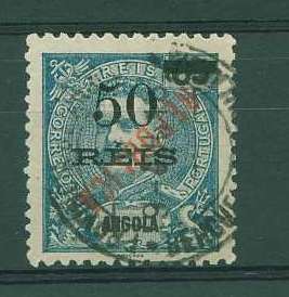 22Lis_1084.jpg -     Lote:    1084            Angola       Descrição:         1914 &mdash; D. Carlos I com sobrecarga República local, sobre selos de 1905. CE178, 50 s/ 65 reis azul cinzento, com sobrecarga invertida.        O       Valor Base:     &euro; 8,00     Valor Venda:     &euro; 24,00     