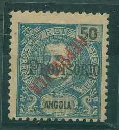 22Lis_1085.jpg -     Lote:    1085            Angola       Descrição:         1914 &mdash; D. Carlos I Mouchon, com sobrecarga Provisório e sobrecarga República, tipografada localmente. CE175(75), 50 reis azul com s sobrecarga República invertida.        *       Valor Base:     &euro; 10,00     Valor Venda:     &euro; 10,00     