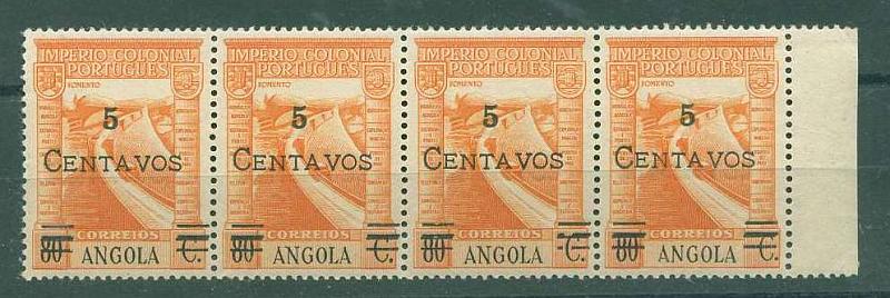 22Lis_1090.jpg -     Lote:    1090            Angola       Descrição:         1945/46 &mdash; Império Colonial Português com sobretaxa. CE285, 5c s/ 80c laranja. Tira horizontal de 4 selos com dupla impressão dos traços inutilizadores da antiga taxa.         ***       Valor Base:     &euro; 12,00     Valor Venda:     &euro; 12,00     