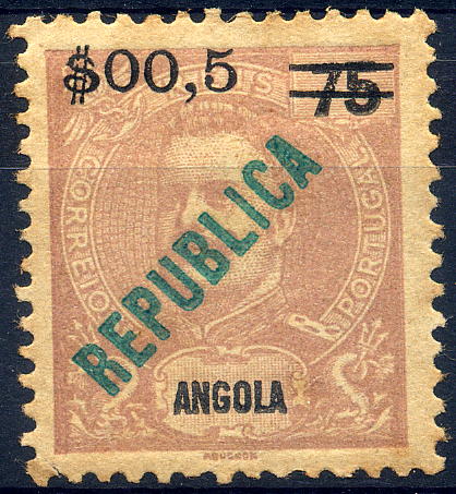 22Lis_1095.jpg -     Lote:    1095            Angola       Descrição:         1921 &mdash; Não Emitidos. D. Carlos I, com sobrecarga República local e sobretaxa. CE NE3, $00,5 s/ 75 reis, castanho violeta. Valor de catálogo &euro; 180,00.        **       Valor Base:     &euro; 40,00     Valor Venda:     &euro; 40,00     