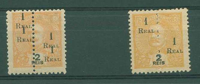22Lis_1103.jpg -     Lote:    1103            Índia       Descrição:         1911/13 &mdash; Selos perfurados a meio com sobretaxa. Sobre selos de D. Carlos I de 1903. CE230, 1 real s/ 2 reis laranja com dupla sobretaxa. Acompanha exemplar normal para comparação.        **       Valor Base:     &euro; 10,00     Valor Venda:     &euro; 20,00     