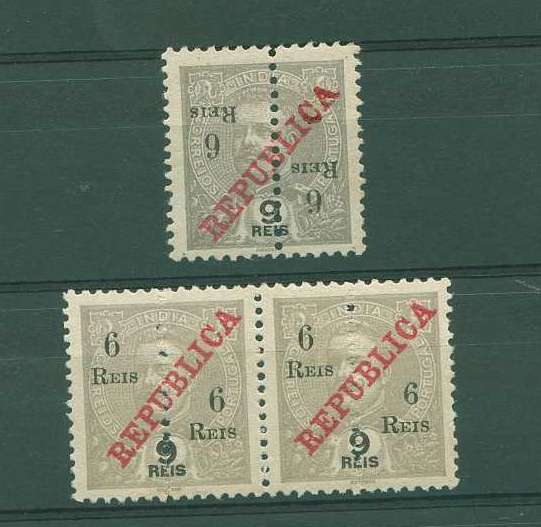 22Lis_1105.jpg -     Lote:    1105            Índia       Descrição:         1911/13 &mdash; Selos perfurados a meio com sobretaxa. Sobre selos de D. Carlos I de 1911. CE245, 6 reis s/ 2 reis lilás malva, com sobretaxa invertida. Acompanha par de selos normais para comparação.        **       Valor Base:     &euro; 10,00     Valor Venda:     &euro; 16,00     