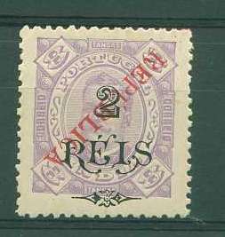 22Lis_1107.jpg -     Lote:    1107            Índia       Descrição:         1914 &mdash; D. Carlos I, com sobrecarga República, sobre selos de 1903. CE286, 2 reis s/ 8 T, lilás, denteado 12 &frac12;, com a sobrecarga invertida. B e R.        ***       Valor Base:     &euro; 10,00     Valor Venda:     &euro; 10,00     