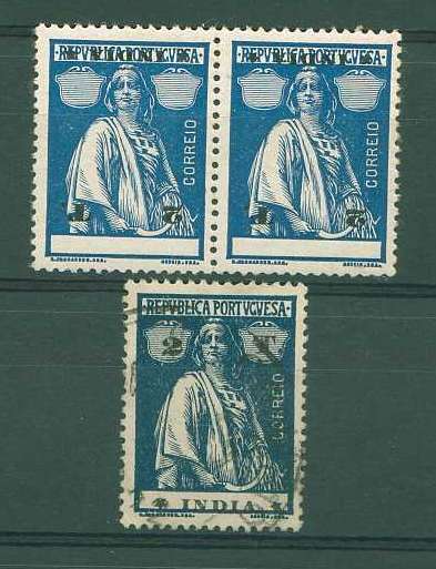 22Lis_1112.jpg -     Lote:    1112            Índia       Descrição:         1913 &mdash; Ceres. CE265, 2 tangas, azul-escuro, em denteado 15x14, papel porcelana médio. Par horizontal, com impressão invertida da taxa e legenda. Acompanha selo normal usado, para comparação. B e R.        **       Valor Base:     &euro; 10,00     Valor Venda:     &euro; 16,00     