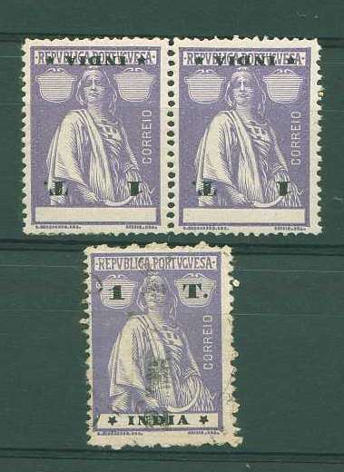 22Lis_1113.jpg -     Lote:    1113            Índia       Descrição:         1913 &mdash; Ceres. CE264, 1 tanga, violeta claro, em denteado 15x14, papel porcelana médio. Par horizontal, com impressão invertida da taxa e legenda. Acompanha selo normal usado, para comparação. B e R.        **       Valor Base:     &euro; 10,00     Valor Venda:     &euro; 10,00     