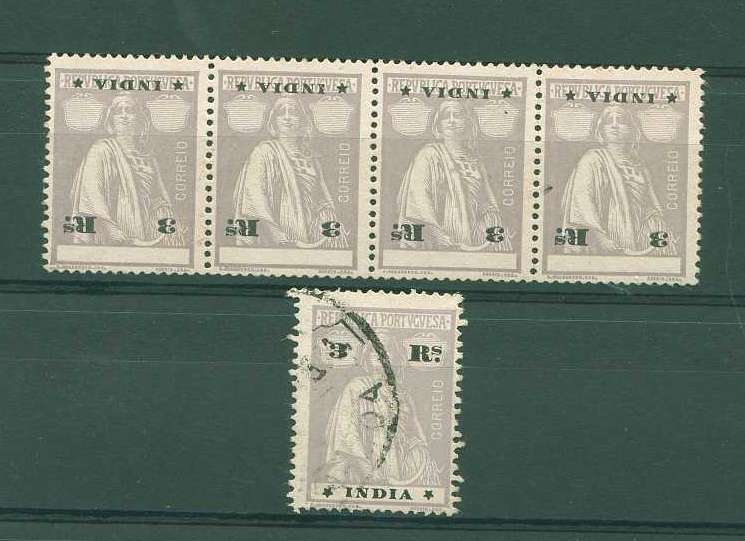 22Lis_1114.jpg -     Lote:    1114            Índia       Descrição:         1913 &mdash; Ceres. CE258, 3 reis lilás claro, em denteado 15x14, papel porcelana médio. Tira horizontal de 4 selos, com impressão invertida da taxa e legenda. Acompanha selo normal usado, para comparação. B e R.        *       Valor Base:     &euro; 20,00     Valor Venda:     &euro; 20,00     