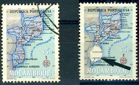 22Lis_1123.jpg -     Lote:    1123            Moçambique       Descrição:         1954 &mdash; Carta Geográfica de Moçambique. CE414, $50. Selo com falta parcial de impressão da cor azul no mapa de Moçambique. Acompanha selo de igual valor para comparação.        *       Valor Base:     &euro; 5,00     Valor Venda:     &euro; 5,00     