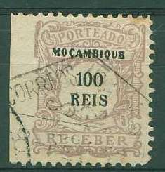 22Lis_1128.jpg -     Lote:    1128            Moçambique       Descrição:         1904 &mdash; Porteado. Emissão regular. CE7, 100 reis lilás castanho. Selo não denteado no bordo esquerdo.        O       Valor Base:     &euro; 10,00     Valor Venda:     &euro; 10,00     