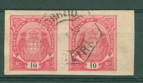 22Lis_1131.jpg -     Lote:    1131            Companhia de Moçambique       Descrição:         1895 &mdash; Tipo Elefantes. CE13, 10 reis lilás rosa, papel pontinhado, em par horizontal, não denteado, obliterado com carimbo da Beira.        O       Valor Base:     &euro; 10,00     Valor Venda:     &euro; 14,00     