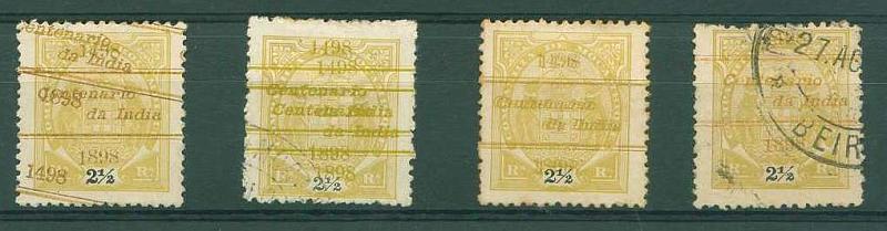 22Lis_1133.jpg -     Lote:    1133            Companhia de Moçambique       Descrição:         1898 &mdash; 4.º Centenário da Índia. Selos tipo Elefante com sobrecarga. CE29, 2 &frac12; reis amarelo esverdeado. Lote de 3 selos com duplas sobrecargas falsas. Acompanha um exemplar usado para comparação.        */O       Valor Base:     &euro; 25,00     Valor Venda:     &euro; 34,00     
