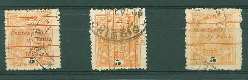 22Lis_1134.jpg -     Lote:    1134            Companhia de Moçambique       Descrição:         1898 &mdash; 4.º Centenário da Índia. Selos tipo Elefante com sobrecarga. CE30, 5 reis laranja. Lote de 2 selos com duplas sobrecargas, sendo uma falsa e outra genuína. Acompanha um exemplar usado para comparação.        O       Valor Base:     &euro; 30,00     Valor Venda:     &euro; 48,00     