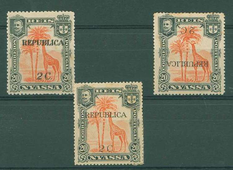 22Lis_1137.jpg -     Lote:    1137            Companhia do Niassa       Descrição:         1918 &mdash; D. Carlos I com sobretaxa e sobrecarga República. CE69, 2c s/ 20 reis, vermelho. Lote de dois selos, um com sobretaxa e sobrecarga invertidas e outro com duplas sobrecarga e sobretaxa. Acompanha exemplar normal para comparação.        **       Valor Base:     &euro; 20,00     Valor Venda:     &euro; 38,00     