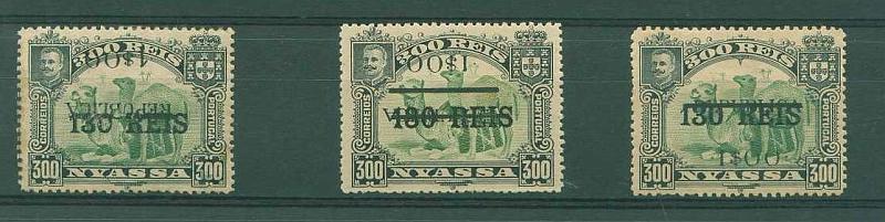 22Lis_1142.jpg -     Lote:    1142            Companhia do Niassa       Descrição:         1918 &mdash; D. Carlos I com sobretaxa e sobrecarga República. CE81, 1$00 s/ 130 reis s/ 300 reis, verde. Lote de três selos: um com a sobretaxa e sobrecarga invertidas; um com sobretaxa e sobrecarga invertidas e duplo traço; e outro normal para comparação.        **       Valor Base:     &euro; 15,00     Valor Venda:     &euro; 55,00     
