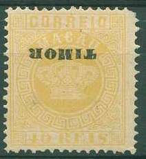 22Lis_1161.jpg -     Lote:    1161            Timor       Descrição:         1886 &mdash; Tipo Coroa. Selos de Macau com sobrecarga TIMOR. CE5, 40 reis amarelo, denteado 12 &frac12;, com um canto curto. Selo com a sobrecarga invertida.        *       Valor Base:     &euro; 20,00     Valor Venda:     &euro; 28,00     