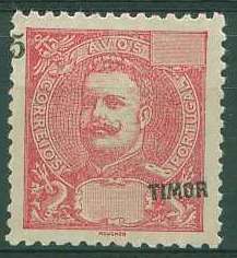 22Lis_1162.jpg -     Lote:    1162            Timor       Descrição:         1903 &mdash; D. Carlos I, tipo Mouchon. CE100, 5 avos carmim. Selo com a taxa e legenda muito deslocada. B e R.        *       Valor Base:     &euro; 15,00     Valor Venda:     &euro; 40,00     