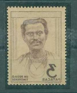 22Lis_1163.jpg -     Lote:    1163            Timor       Descrição:         1948 &mdash; Tipos Indígenas. CE268, 3P, violeta e sépia. Selo com impressão retro-verso das imagens na cor sépia. MB e MR.        **       Valor Base:     &euro; 30,00     Valor Venda:     Retirado     