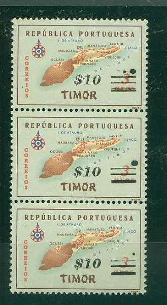 22Lis_1164.jpg -     Lote:    1164            Timor       Descrição:         1960 &mdash; Carta Geográfica de Timor, com sobretaxa. CE306, $10 s/ 3 avos. Tira vertical de 3 selos com defeitos de impressão da sobretaxa.        ***       Valor Base:     &euro; 10,00     Valor Venda:     Retirado     