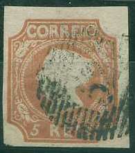 22Lis_1166.jpg -     Lote:    1166            Portugal       Descrição:         1853 &mdash; D. Maria II. CE1, 5 reis castanho avermelhado, cunho I. Selo com duas margens normais e duas curtas. Valor de catálogo &euro; 1.480,00.        O       Valor Base:     &euro; 100,00     Valor Venda:     &euro; 150,00     