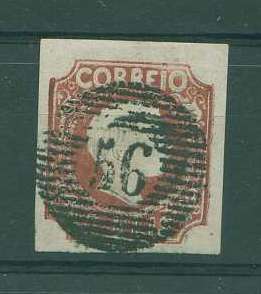 22Lis_1172.jpg -     Lote:    1172            Portugal       Descrição:         1855/56 &mdash; D. Pedro V. Cabelos lisos. CE4, 5 reis castanho vermelho, com boas margens, obliterado com carimbo de 20 barras batido a preto 56 &mdash; BRAGA. Valor de catálogo &euro; 1.530,00.        O       Valor Base:     &euro; 200,00     Valor Venda:     &euro; 360,00     
