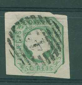 22Lis_1173.jpg -     Lote:    1173            Portugal       Descrição:         1855/56 &mdash; D. Pedro V. Cabelos lisos. CE8, 50 reis verde azul, com boas margens, obliterado com carimbo 42 &mdash; SETÚBAL. Valor de catálogo &euro; 117,00.        O       Valor Base:     &euro; 20,00     Valor Venda:     Retirado     