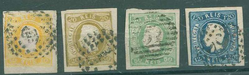 22Lis_1184.jpg -     Lote:    1184            Portugal       Descrição:         1866/67 &mdash;D. Luís I. Fita curva, não denteados. Lote de 4 selos de 10 reis amarelo, 20 reis bistre, 50 reis verde e 120 reis azul. CE20, 21, 23 e 25. Boas margens. Valor de catálogo &euro; 588.00.        O/Lote       Valor Base:     &euro; 90,00     Valor Venda:     Retirado     