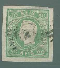 22Lis_1185.jpg -     Lote:    1185            Portugal       Descrição:         1866 &mdash; D. Luís I. Fita curva, não denteados. CE23, 50 reis verde, com boas margens. Ligeira transparência no bordo superior direito. Valor de catálogo &euro; 112,00.        O       Valor Base:     &euro; 20,00     Valor Venda:     &euro; 20,00     