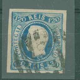 22Lis_1186.jpg -     Lote:    1186            Portugal       Descrição:         1866 &mdash; D. Luís I. Fita curva, não denteados. CE26, 120 reis azul, com margens normais. Valor de catálogo &euro; 121,00.        O       Valor Base:     &euro; 20,00     Valor Venda:     &euro; 20,00     