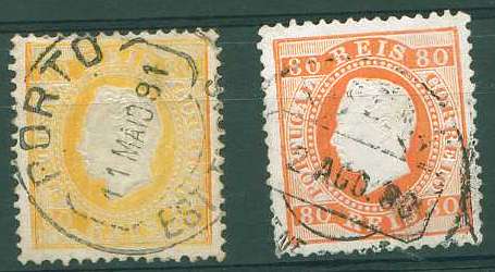 22Lis_1197.jpg -     Lote:    1197            Portugal       Descrição:         1870/78 &mdash; D. Luís I. Fita direita. CE42, 80 reis em denteado 12 &frac12;, papel porcelana. Lote de dois selos nas cores amarelo e laranja-vermelho. Valor de catálogo &euro; 63,00.        O       Valor Base:     &euro; 20,00     Valor Venda:     Retirado     