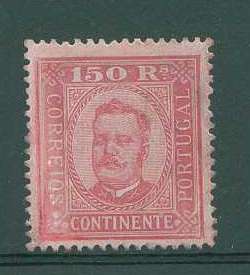 22Lis_1221.jpg -     Lote:    1221            Portugal       Descrição:         1892/93 &mdash; D. Carlos I Diogo Neto. CE77, 150 reis carmim sobre rosa, denteado 13 1/2., papel porcelana. Valor de catálogo &euro; 532,00.        RG***       Valor Base:     &euro; 25,00     Valor Venda:     &euro; 25,00     
