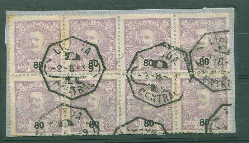 22Lis_1247.jpg -     Lote:    1247            Portugal       Descrição:         1895/96 &mdash; D. Carlos I Mouchon. CE 134, 80 reis lilás. Fragmento com bloco de 8 selos.        FRG       Valor Base:     &euro; 5,00     Valor Venda:     &euro; 5,00     