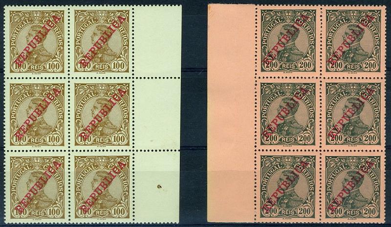 22Lis_1257.jpg -     Lote:    1257            Portugal       Descrição:         1910 &mdash; D. Manuel II com sobrecarga República. CE173/174 e 178/181. Lote composto  por selos singelos, pares, quadras e blocos de 6 selos. Novos sem charneira. Alguns com pontos de óxido.. Valor de catálogo &euro; 301,15. Lote a ver.        Lote       Valor Base:     &euro; 40,00     Valor Venda:     Retirado     