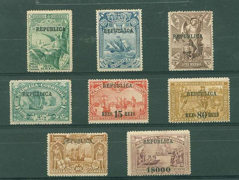 22Lis_1258.jpg -     Lote:    1258            Portugal       Descrição:         1911 &mdash; 4.º Centenário do Descobrimento do Caminho Marítimo para a Índia, com sobrecarga República sobre selos da Madeira. CE198/205. Goma com pequenas falhas. Valor de catálogo &euro; 219,00.        **       Valor Base:     &euro; 25,00     Valor Venda:     &euro; 25,00     