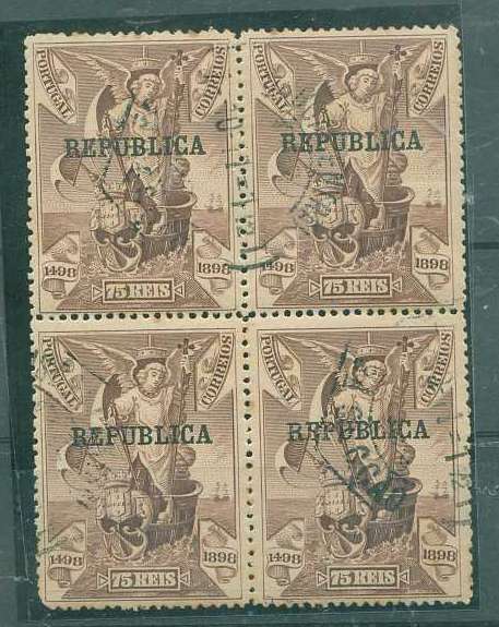 22Lis_1262.jpg -     Lote:    1262            Portugal       Descrição:         1911 &mdash; 4.º Centenário do Descobrimento do Caminho Marítimo para a Índia, com sobrecarga República, sobre selos do Continente. CE188, 75 reis castanho lilás. Quadra, muito bem conservada. Valor de catálogo &euro; 210,80.        O       Valor Base:     &euro; 80,00     Valor Venda:     Retirado     