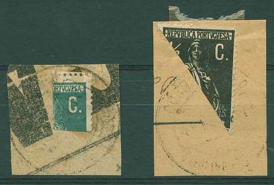 22Lis_1266.jpg -     Lote:    1266            Portugal       Descrição:         1912 &mdash; Ceres. CE207/208, &frac12; c preto denteado 15x14 e 1 c verde, denteado 15x14. Lote de dois fragmentos, um com selo bipartido na diagonal de &frac12; c e outro com selo de 1 c quadripartido (1/4 c).        FRG       Valor Base:     &euro; 5,00     Valor Venda:     &euro; 6,00     
