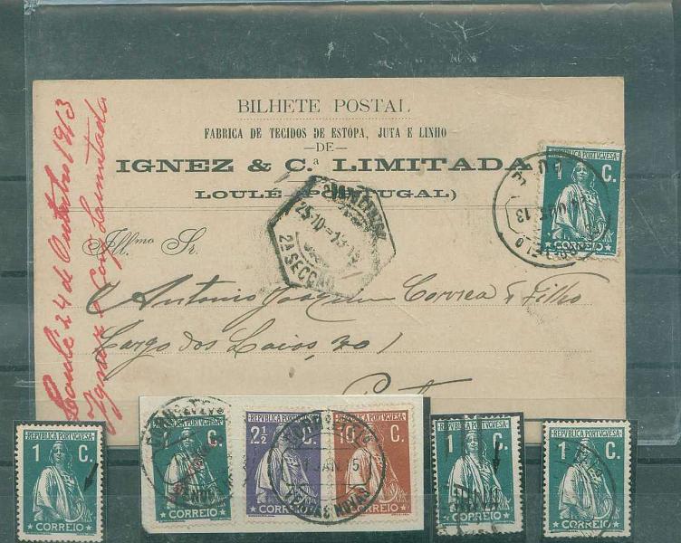 22Lis_1268.jpg -     Lote:    1268            Portugal       Descrição:         1912 &mdash; Ceres. CE208, 1C, em papel porcelana. Lote composto por postal ilustrado circulado + um selo novo s/ goma + 2 selos usados + um selo em fragmento, apresentando todos a variedade de cliché MM &mdash; XXXI (gravura com retoque). Estas peças ilustraram um artigo filatélico publicado no n.º 3 da revista "Convenção Filatélica" de Julho de 2002.        Lote       Valor Base:     &euro; 100,00     Valor Venda:     Retirado     