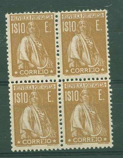 22Lis_1274.jpg -     Lote:    1274            Portugal       Descrição:         1920/22 &mdash; Ceres. Novas taxas e cores. CE249, 1$10 bistre, em denteado 12 x 11 &frac12;. Quadra. Valor de catálogo &euro; 45,20.        ***       Valor Base:     &euro; 8,00     Valor Venda:     &euro; 18,00     