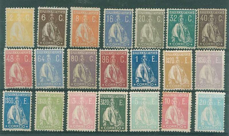 22Lis_1276.jpg -     Lote:    1276            Portugal       Descrição:         1926 &mdash; Ceres. Novas taxas e cores. CE276/98. Série, com excepção dos selos de 30c (281) e 2$00 (292). Selo de 10E sem goma (não considerado na cotação). Selo de 20E em muito bom estado. Valor de catálogo &euro; 1.900,00.        **       Valor Base:     &euro; 200,00     Valor Venda:     &euro; 200,00     