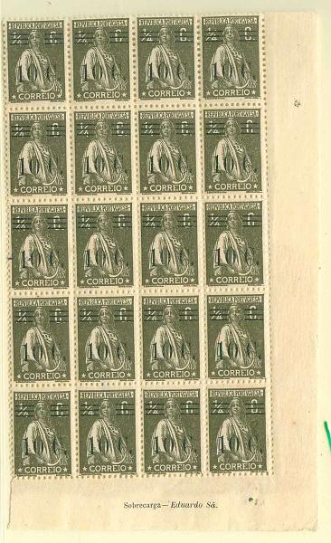 22Lis_1304.jpg -     Lote:    1304            Portugal       Descrição:         1928/29 &mdash; Ceres, com sobretaxa. CE453, 10C s/ &frac14; C, sépia, denteado 12x11 &frac12;, papel liso. Bloco de 20 selos. Valor de catálogo &euro; 23.00.        ***       Valor Base:     &euro; 10,00     Valor Venda:     &euro; 14,00     