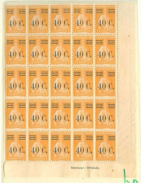 22Lis_1309.jpg -     Lote:    1309            Portugal       Descrição:         1928/29 &mdash; Ceres, com sobretaxa. CE466, 40C s/ 2C, laranja, denteado 12x11 &frac12;, papel liso. Bloco de 25 selos. Valor de catálogo &euro; 27,50.        ***       Valor Base:     &euro; 15,00     Valor Venda:     &euro; 18,00     