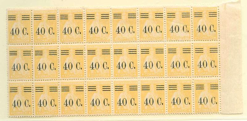 22Lis_1311.jpg -     Lote:    1311            Portugal       Descrição:         1928/29 &mdash; Ceres, com sobretaxa. CE467, 40C s/ 2C, amarelo claro, denteado 12x11 &frac12;, papel liso. Bloco de 24 selos. Valor de catálogo &euro; 273,60.        ***       Valor Base:     &euro; 85,00     Valor Venda:     Retirado     