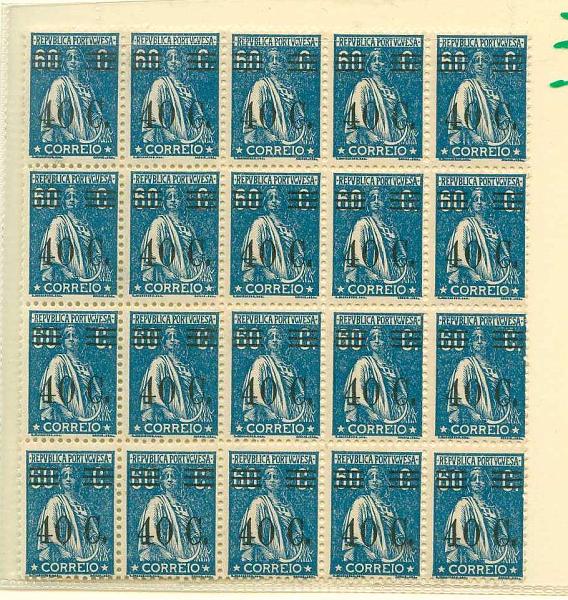 22Lis_1312.jpg -     Lote:    1312            Portugal       Descrição:         1928/29 &mdash; Ceres, com sobretaxa. CE471, 40C s/ 60C, azul-escuro, denteado 12x11 &frac12;, papel liso. Bloco de 20 selos. Valor de catálogo &euro; 46,00.        ***       Valor Base:     &euro; 20,00     Valor Venda:     Retirado     