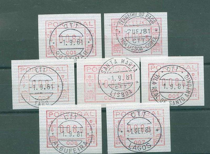 22Lis_1362.jpg -     Lote:    1362            Portugal       Descrição:         1981 &mdash; Correios e telecomunicações de Portugal. FRAMA. CE ETQ1. Lote de 7 etiquetas de 8$50, das máquinas 001 a 007, todas obliteradas com carimbo de 1.º dia de circulação (01.09.81) das respectivas estações postais, onde estavam em serviço.        O       Valor Base:     &euro; 16,00     Valor Venda:     &euro; 20,00     