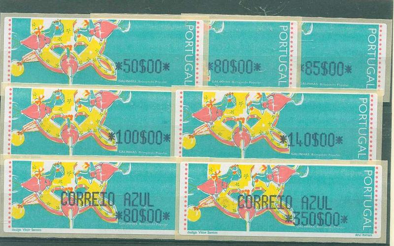 22Lis_1364.jpg -     Lote:    1364            Portugal       Descrição:         1995 &mdash; Galinhas * Brinquedos Populares. LITHO-FORMAS. CE ETQ10A. Série completa para o correio ordinário e correio azul. Valores para o ano de 1998. MB e MR.        ETQ       Valor Base:     &euro; 150,00     Valor Venda:     Retirado     