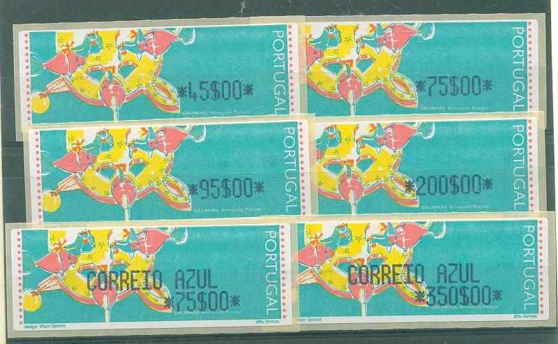 22Lis_1366.jpg -     Lote:    1366            Portugal       Descrição:         1995 &mdash; Galinhas * Brinquedos Populares. LITHO-FORMAS. CE ETQ10A. Série completa para o correio ordinário e correio azul. Valores para o ano de 1997. MB e MR.        ETQ       Valor Base:     &euro; 150,00     Valor Venda:     Retirado     
