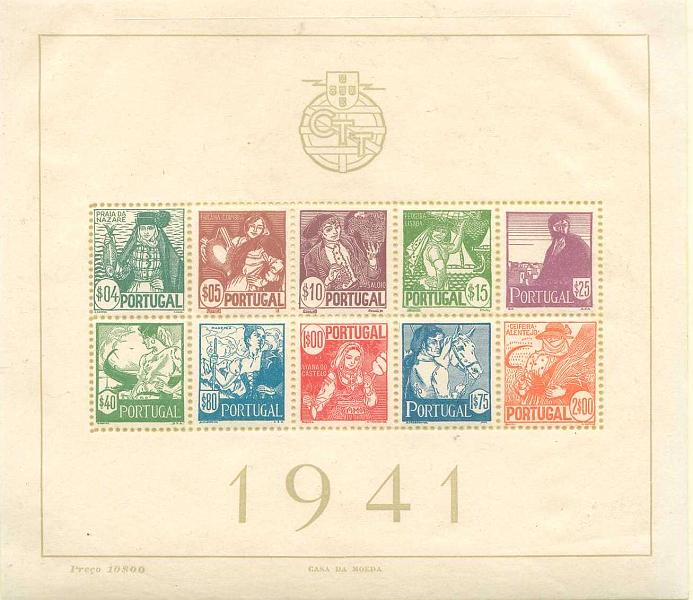 22Lis_1374.jpg -     Lote:    1374            Portugal       Descrição:         1941 &mdash; Costumes Portugueses (1.ª emissão). CE BLC4. Exemplar de luxo. Valor de catálogo &euro; 383,00.        BLC***       Valor Base:     &euro; 55,00     Valor Venda:     &euro; 85,00     
