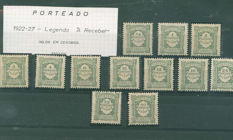 22Lis_1392.jpg -     Lote:    1392            Portugal       Descrição:         1922/27 &mdash; Porteado. Emissão Regular, tipo 1904. Unicolor. Lote de 12 ensaios, nas taxas de &frac12;, 1, 2, 3, 4, 8, 10, 12, 16, 24, 32 e 40 centavos, em denteado 11 &frac12;, papel liso. Os valores de 1, 2 e 3 não foram emitidos. MB e MR.        PRV       Valor Base:     &euro; 75,00     Valor Venda:     &euro; 180,00     